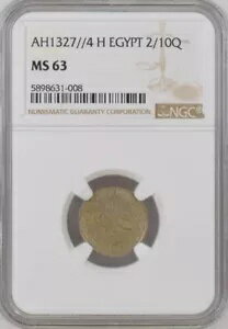 エジプト - オスマン帝国、2/10 キルシュ スルタン モハメッド 5 世 1327/4 AH NGC MS 63 (XL)、レア