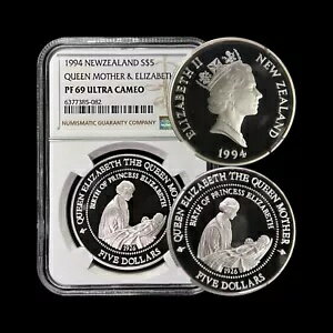 ニュージーランド。 1994 年、5 ドル、シルバー - NGC PF69 - 黒いセイタカシギとひよこ