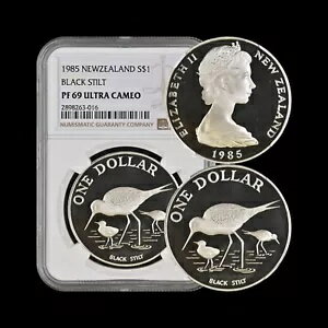 ニュージーランド。 1985年、5ドル、シルバー - NGC PF69 - 黒いセイタカシギとひよこ
