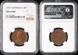 オーストラリア 1929 KGV 1/2d - チョコレート UNC。グレーディングNGC MS62BN。レン猫 UNC $550。