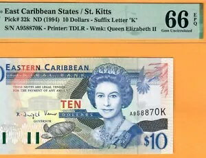 쥫ֳ / 'K' St. KITTS-10 $-1994-PICK 32k **PMG 66 EPQ GEM UNC**