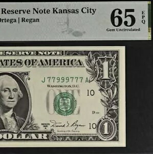 1981A $1 連邦準備銀行券 PMG ジェム 65EPQ- ファンシー シリアル番号 77999777