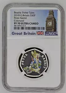 2018 イギリス 50P ビアトリクス ポター ピーター ラビット カラー化 NGC PF 70 ウルトラ カム