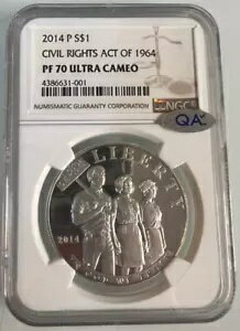 NGC PF70 ウルトラ カメオ *QA ステッカー* 2014 P $1 1964 年公民権法 シルバー $