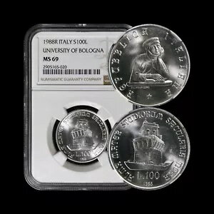 イタリア。 1988、100 リラ、R、シルバー - NGC MS69 - トップ ポップ ?? ボローニャ大学