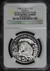 1986 中国 5 元銀 世界自然保護基金 パンダ NGC PF-69 ウルトラ カメオ