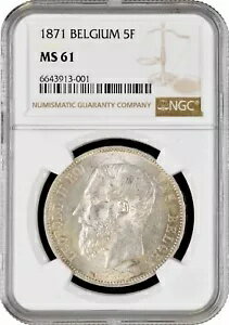 ベルギー 5 フラン 1871、NGC MS61、「レオポルド 2 世 (1865 - 1909)」銀貨-