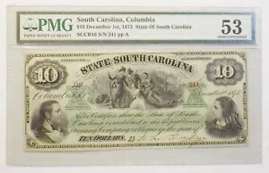 1873 年 $10 証明書。債務不履行、コロンビア、サウスカロライナ州 SCCR16 AU-53