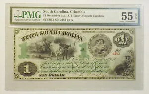 1873 年 $1 証明書。債務不履行、コロンビア、サウスカロライナ州 SCCR13 AU-55 EPQ