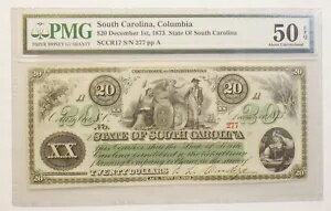 1873 年 $20 証明書。債務不履行、コロンビア、サウスカロライナ州 SCCR17 AU-50