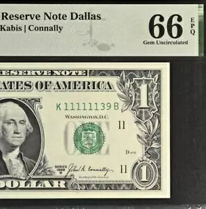 1969B $1 連邦準備銀行券 PMG ジェム 66EPQ - ファンシー シリアル番号 - 11111139