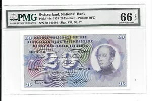 スイスノート: 1955 年 20Frs、ピック#46c;グレード PMG-66 EPQ..推定: $245