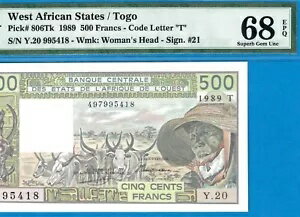 W.A.S / CODE T TOGO-500 FRS-1989-PICK 806Tk **PMG 68 EPQ SUPERB GEM UN...