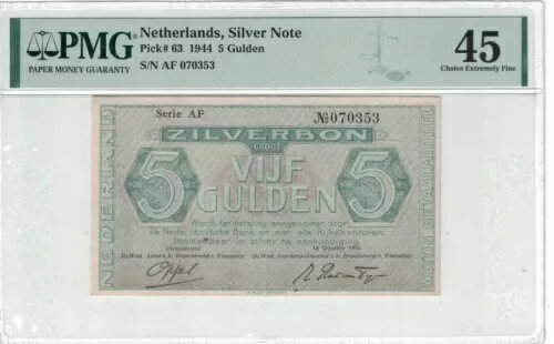 オランダ、シルバーノート 5 グルデン 1944 ピック# 63 PMG: 45 EF #PL1575