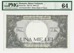 1941-45 1000 レイ ルーマニア国立銀行券 SN:M.2437 0874 # 52a.PMG MS64