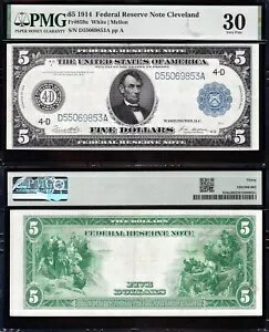 素晴らしいクリスプチョイス VF++ 1914 $5 クリーブランド連邦準備銀行紙幣! PMG30! 69853A