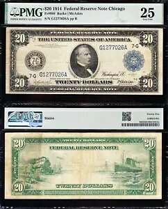 とても素敵な大胆で鮮明な VF 1914 $20 シカゴ FRN 注意! PMG25！ G1277026A