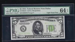US 1934 $5 FRN 饹 LGS FR 1955-K PMG 64 EPQ Ch CU (171)