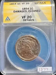 1854 顼  1c Ԥ߹ߥإ VF20 VF 20 ANACS ܺ Nice ESTATE Coin 1377