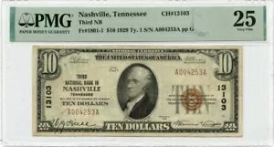 1929 Ty.1 $10 第三国立銀行 ナッシュビル テネシー州 CH#13103 PMG VF25