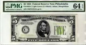 Fr.1955-C 1934 $5 フィラデルフィア連邦準備銀行紙幣 ライト グリーン シール PMG 64 EPQ