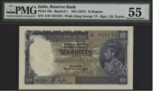 インド準備銀行 (1937) 10 ルピー ピック 19a Wmk: キング ジョージ 6 世 PMG 55 AU