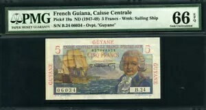 フランス領ギアナ 1947 〜 1949 年、5 フラン、P19a、PMG 66 EPQ GEM UNC(3)