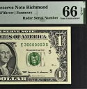 1999 年 $1 連邦準備銀行紙幣 PMG 66EPQ 宝石レーダー回転装置シリアル番号 30000003