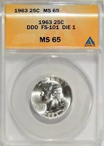 1963 DBL DIE OBV 25c ANACS MS 65 FS-101 ~ ジェム ワシントン クォーター バラエティ