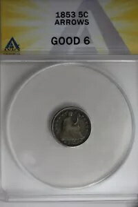 1853 .05 ANACS G 6 ARROWS ハーフダイム、シーテッド リバティ ハーフダイム