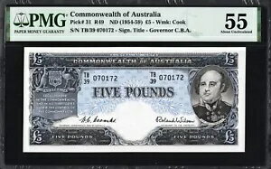 オーストラリア 5ポンド P31 R49 1954-59 クームズ・ウィルソン PMG55 aUNC 紙幣（旧10進法）