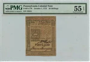 1773年10月1日 50シリング ペンシルベニア植民地紙幣 PA-170 PMG AU55 EPQ