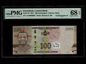 スワジランド:P-42,100 E,2017* キング ムスワティ 3 世 * ロー # 6 ! * PMG S.ジェム UNC 68 EPQ *