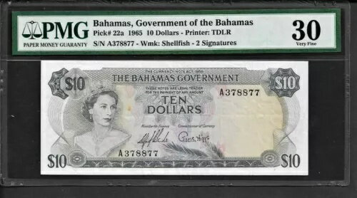 バハマ p-22a、VF、10ドル、1965年、2署名、フラミンゴ、PMGグレード30