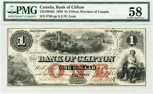 1ドル 1859年 カナダ、クリフトン銀行、カタログ番号125-10-04-02 - PMG AU 58