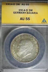 1914 - D ANACS AU55 ドイツ バイエルン 3 マルク ルートヴィヒ3世！ #B24100