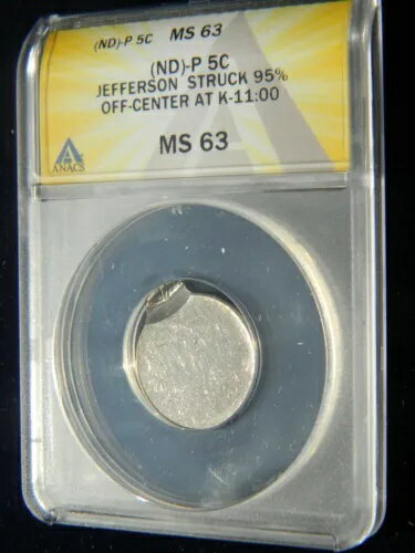 楽天WORLD RESOURCE【KING店】日付なしジェファーソンニッケル5セント、K=11:00に中心から95％オフで打刻、ANACS MS-63