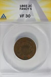 1865 .02 ANACS VF 30 FANCY 5 2セント硬貨、2c、シールドコイン(3)