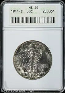 1944-S 50C ウォーキング リバティ シルバー ハーフダラー ANACS MS 63 |ソープボックス非循環