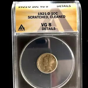 1921 D マーキュリー ダイム VG 8 ANACS 10c コイン - アメリカのコイン: シルバー