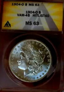 モーガン シルバー ドル 1904 O ANACS MS 63++++++ VAM 4 B ヒットリスト 40 フィッシュ フック レア