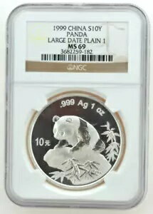 1999 中国 シルバー パンダ 10 元 ラージ デーツ プレーン 1 NGC 認定 MS69
