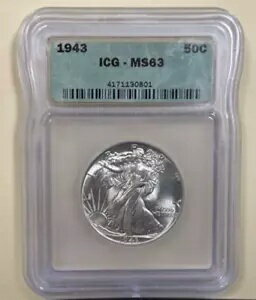 1943 ウォーキング リバティ 50c シルバー ハーフダラー ICG MS63 - ダブル ダイ イン ゴッド & スカート