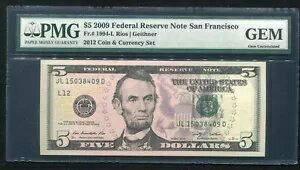 FR。 1994-L 2009 $5 フランス連邦準備制度紙幣「2012 コインと通貨セット」 PMG GEM
