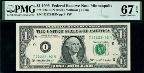 1995 $1 ミネアポリス連邦準備銀行券 FRN ? 1922-I ? PMG 67 EPQ ? クアッド 2222
