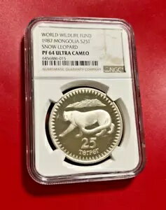 世界自然保護基金 1987 モンゴル シルバー S25T ユキヒョウ NGC PF 64 ウルトラ カメオ