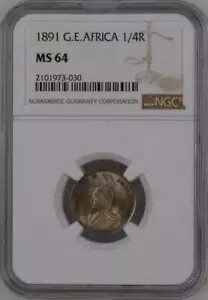タンザニア - ドイツ領東アフリカ - ドイツ、1/4 ルピー 1891 NGC MS 64、レアレム