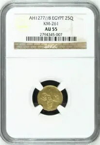 エジプト - オスマン帝国、ゴールド 25 キルシュ スルタン アブドゥル アジズ 1277/8 AH NGC AU 55、レ..