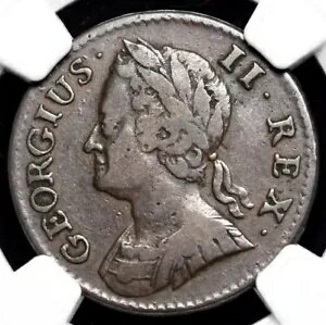 イギリス。ジョージ 2 世、西暦 1744 年、イングランド ファーシング 1/4p 1727-1760、NGC VF30