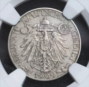 1909年、中国、キアウチャウ(ドイツの租借地)。銅ニッケル5セントコイン。 NGC AU53!